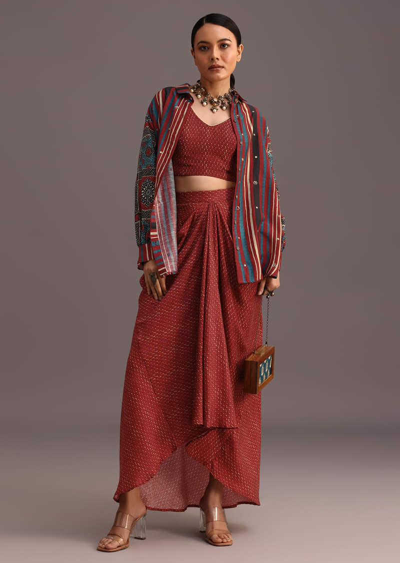 Red Ajrakh Printed Shirt And Croptop With Draped Skirt