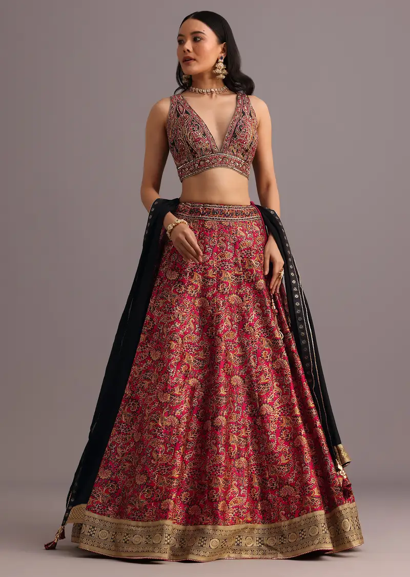 Red Printed Zari Embroidered Lehenga Choli With Dupatta