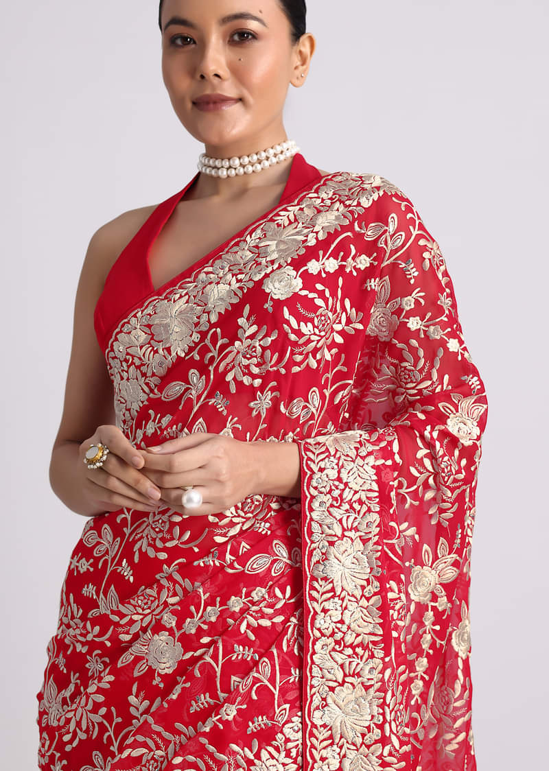Red Saree In Georgette with Parsi Gara Work