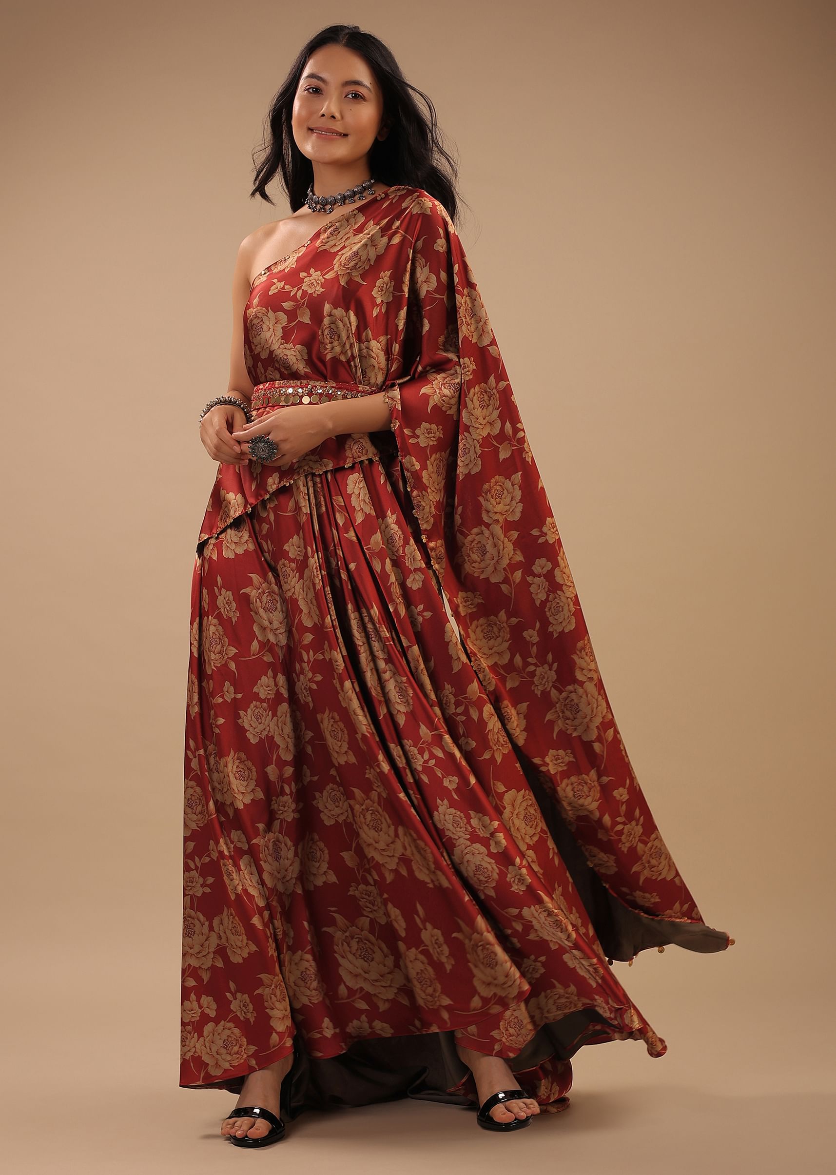 Buy Red Satin One Shoulder Dress With Floral Print And A Belt To Cinch The Drape