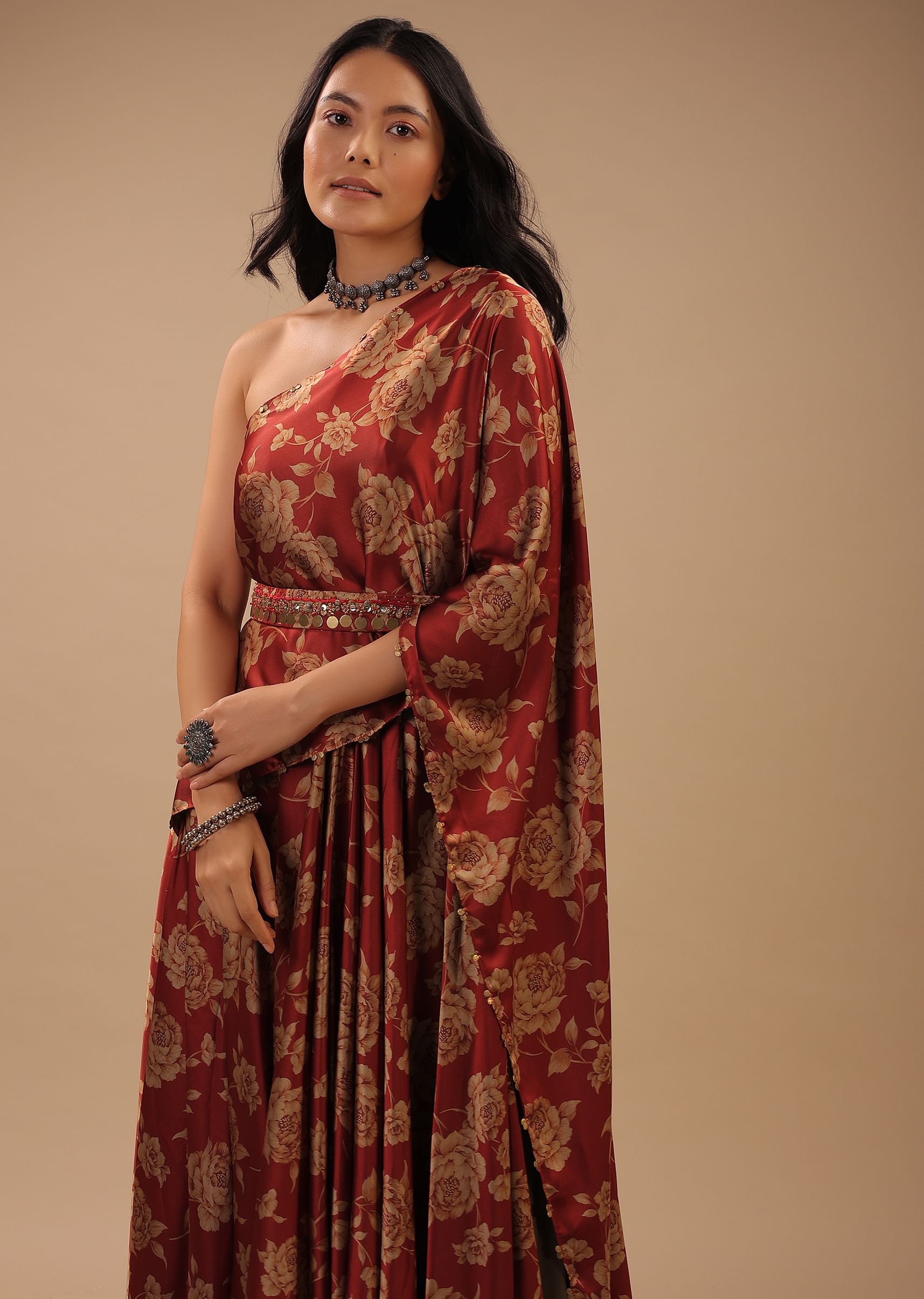 Buy Red Satin One Shoulder Dress With Floral Print And A Belt To Cinch The Drape