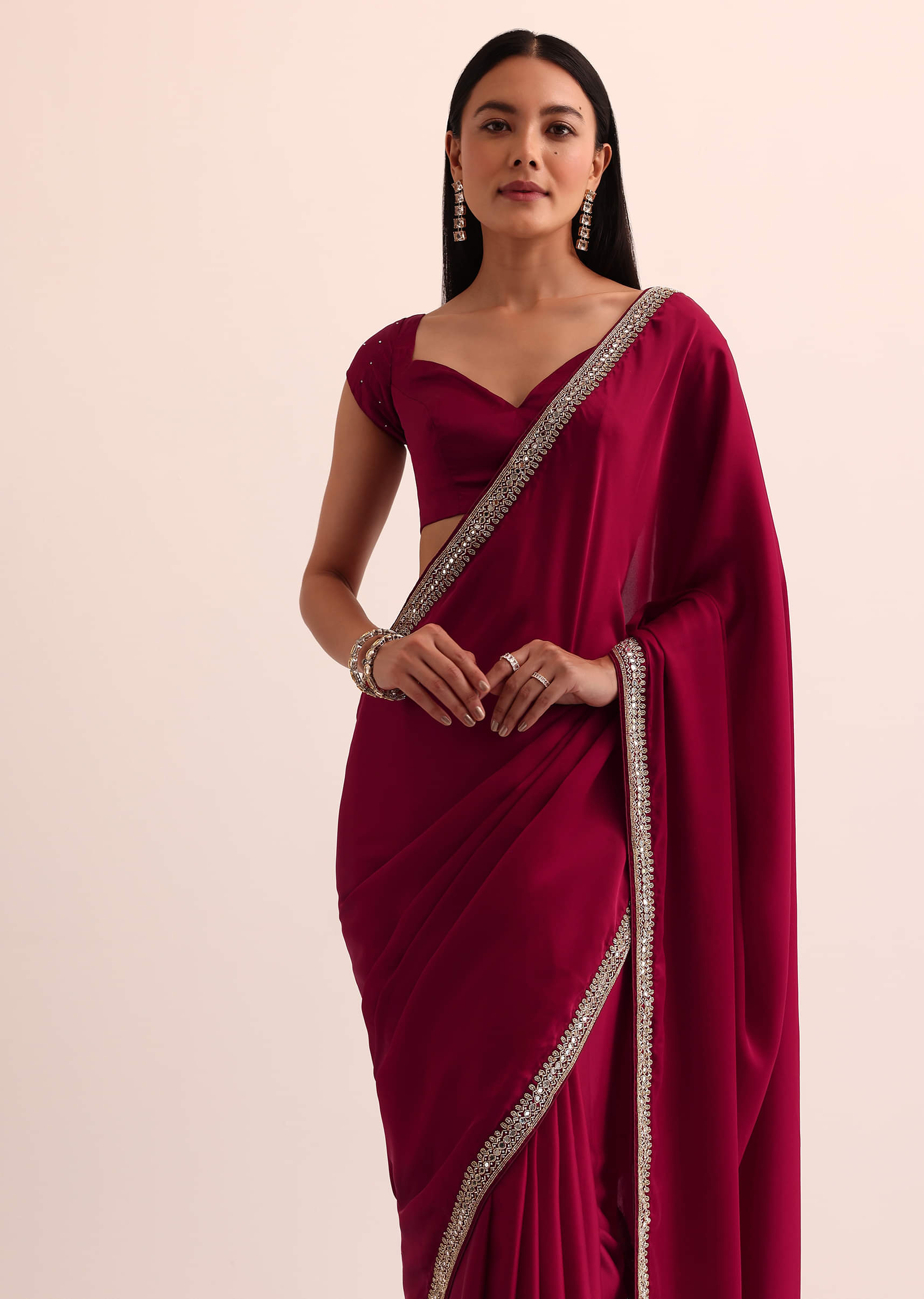 Buy Red Satin Saree With Mirror Embroidery And Unstitched Blouse