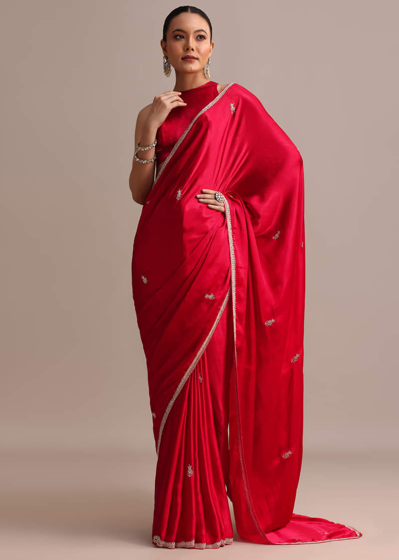 Red Satin Saree With Stone Embroidered Border And Unstitched Blouse