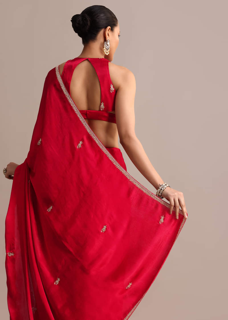 Red Satin Saree With Stone Embroidered Border And Unstitched Blouse
