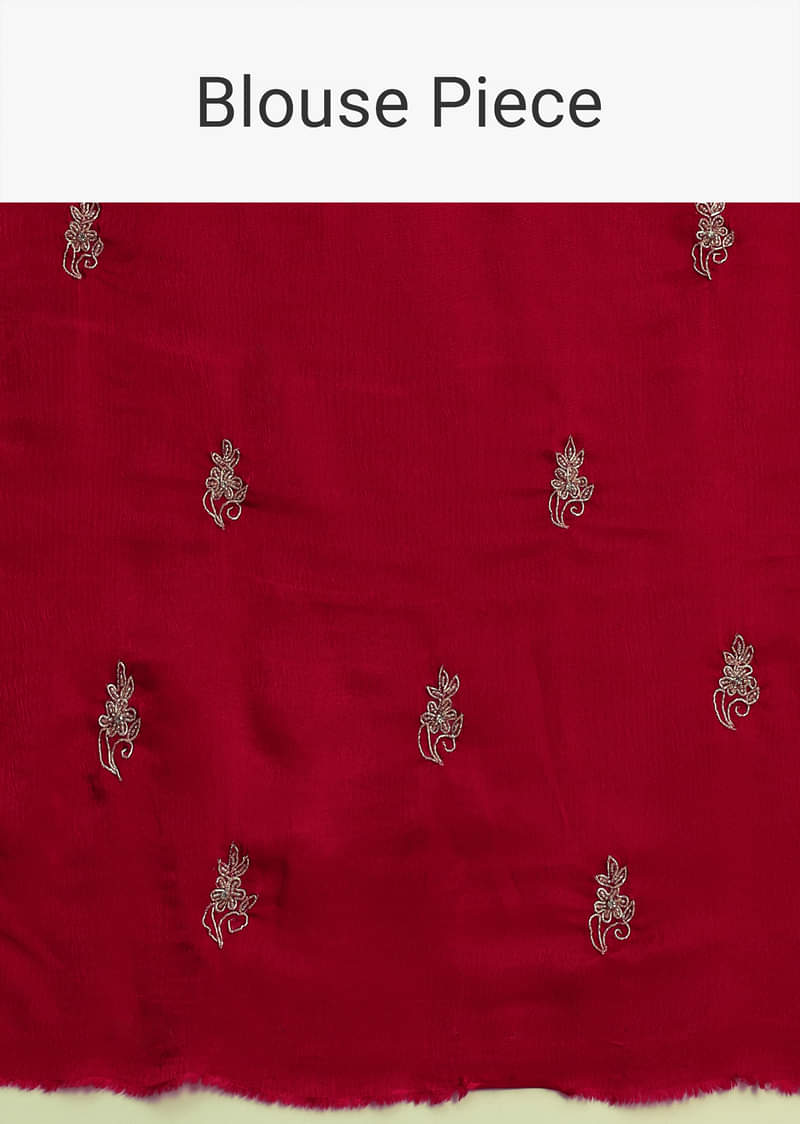 Red Satin Saree With Stone Embroidered Border And Unstitched Blouse