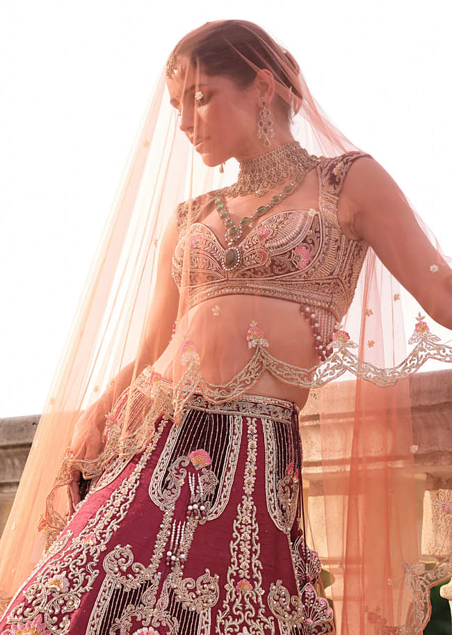 Red Silk Bridal Lehenga With Sequins And Stone Embroidery