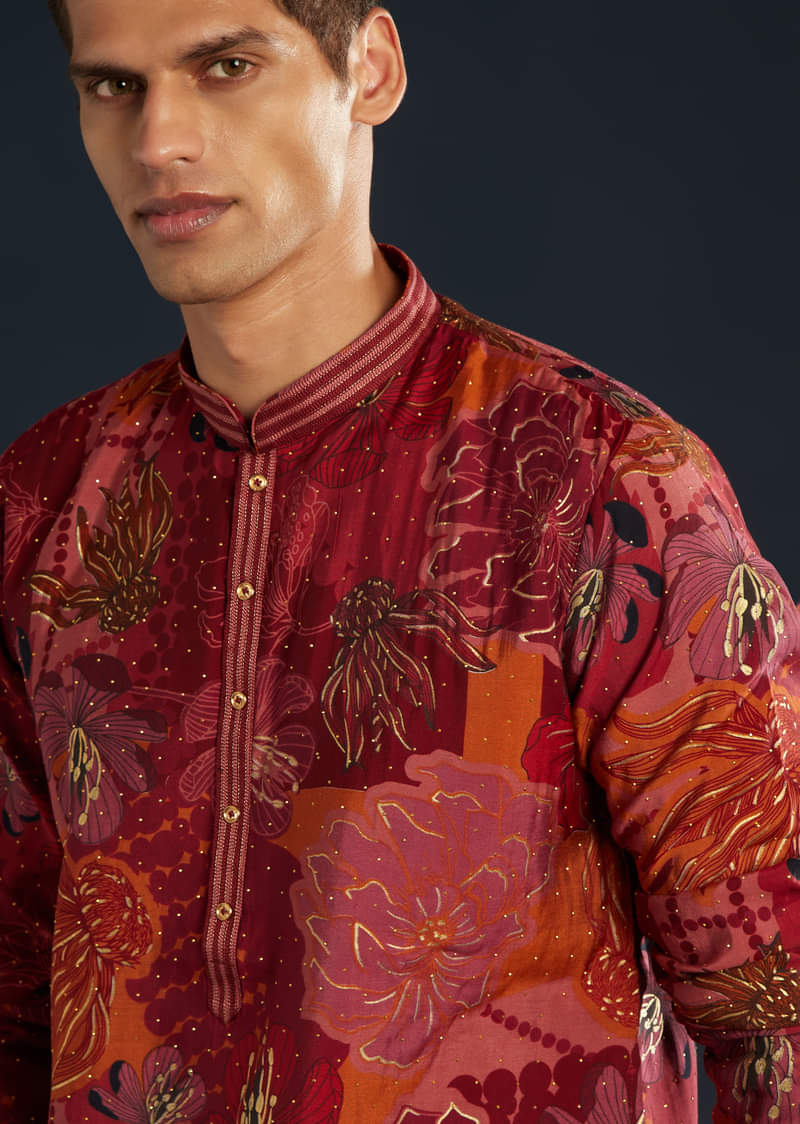 Red Silk Kurta Set With Foil Work
