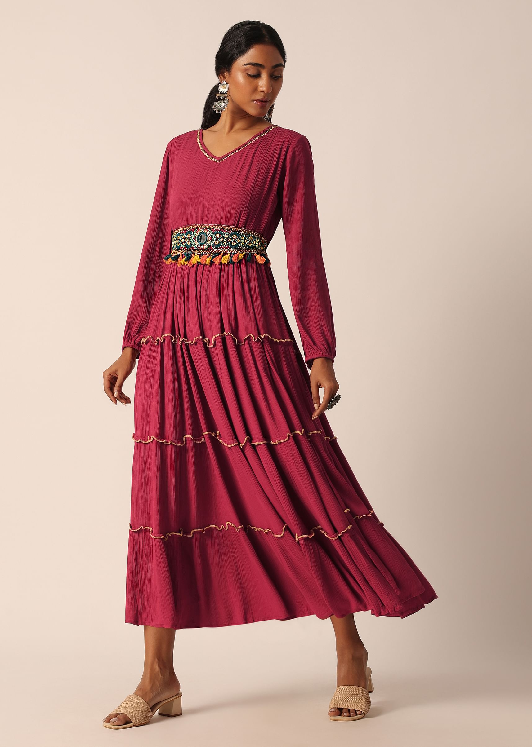 Buy Red Tiered Long Kurti With Embellished Belt KALKI Fashion Global