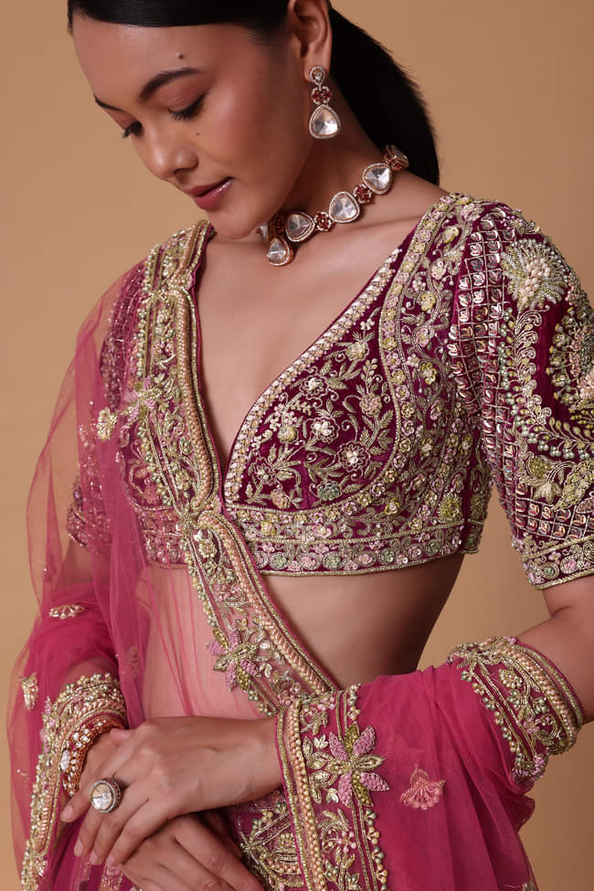  Red Velvet Raw Silk 16 Kali Zardosi Lehenga With Pearl Blouse Set