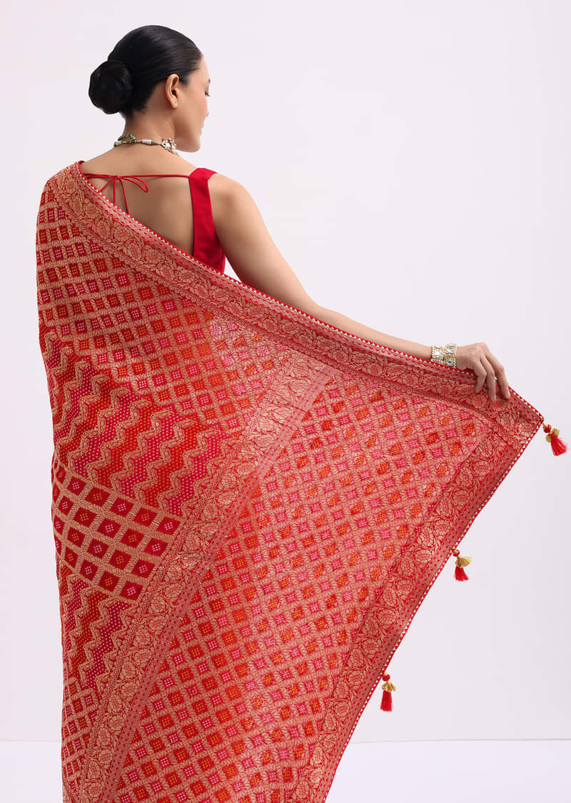 Red Woven Georgette Saree With Unstitched Blouse