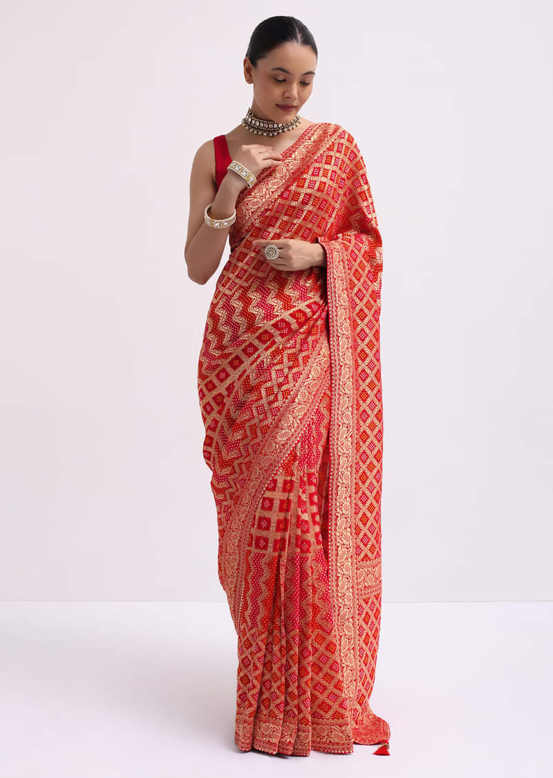 Red Woven Georgette Saree With Unstitched Blouse