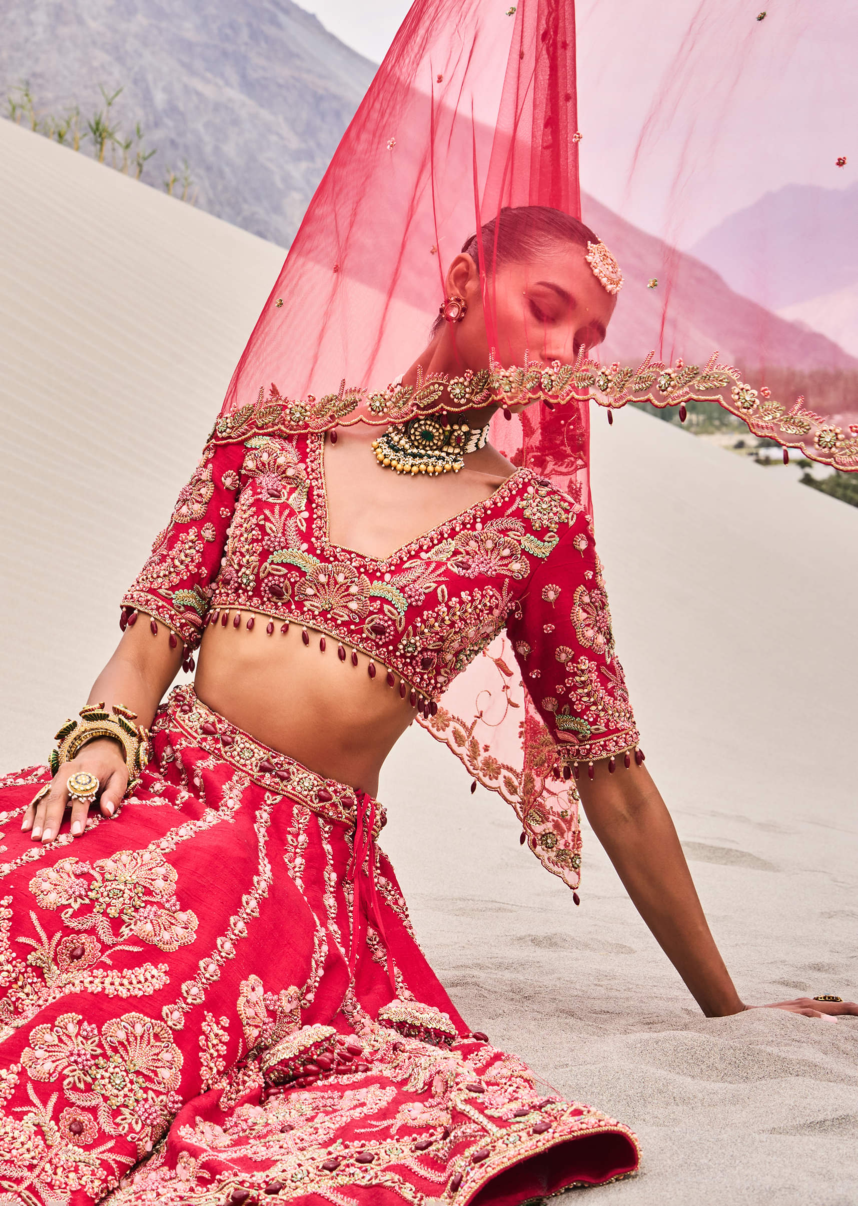 Buy Red Zardosi Embroidered Lehenga Set With Two Dupattas