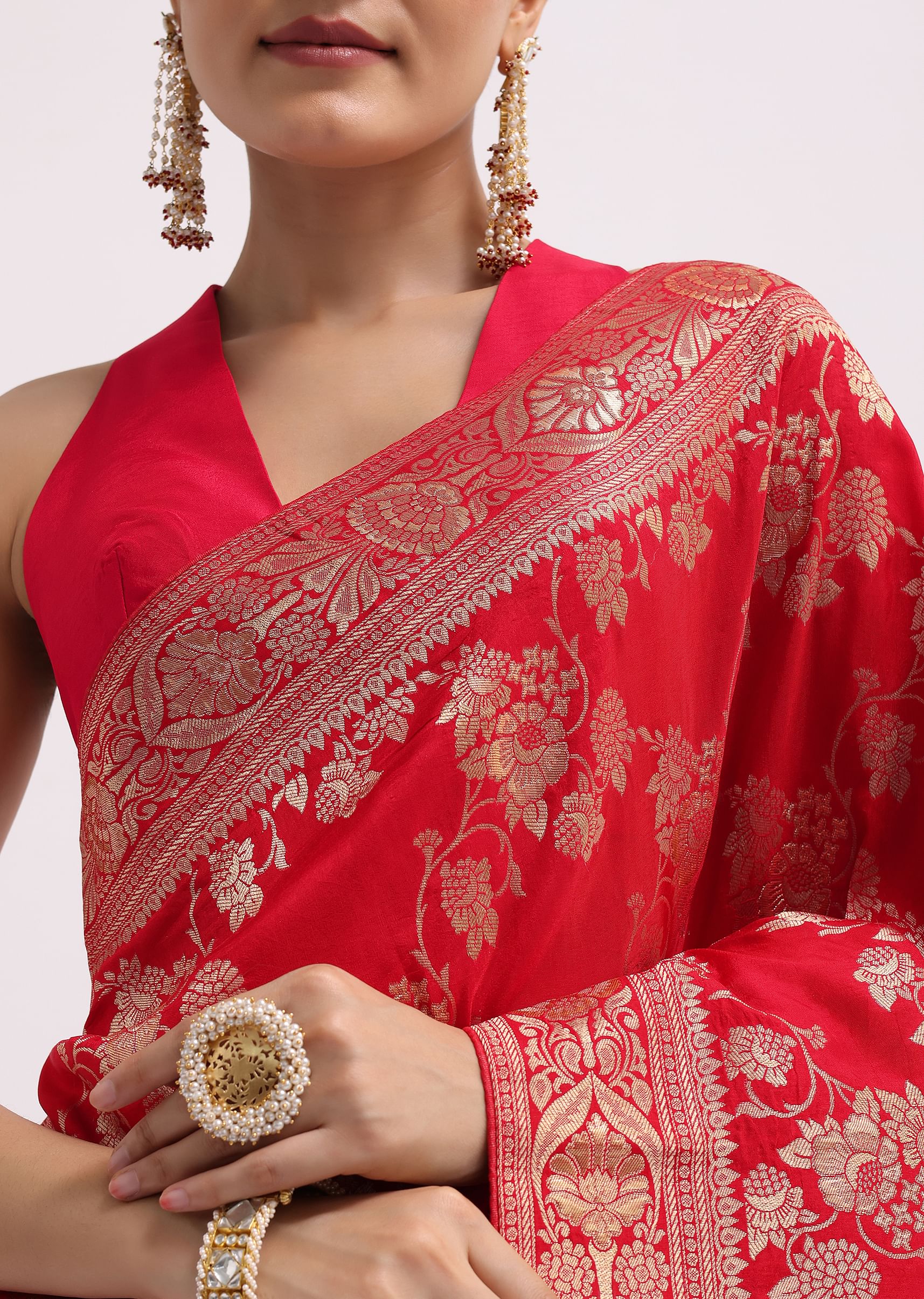 Buy Red Zari Jaal Dola Silk Saree With Unstitched Blouse Buy Red Zari Jaal Dola Silk Saree With Unstitched Blouse