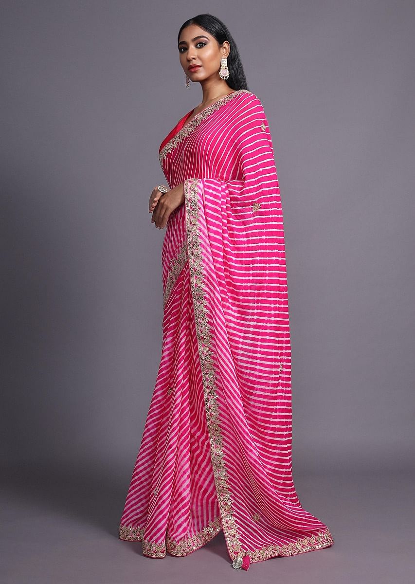 Buy Rose Pink Saree With Lehariya Print And Gotta Patti