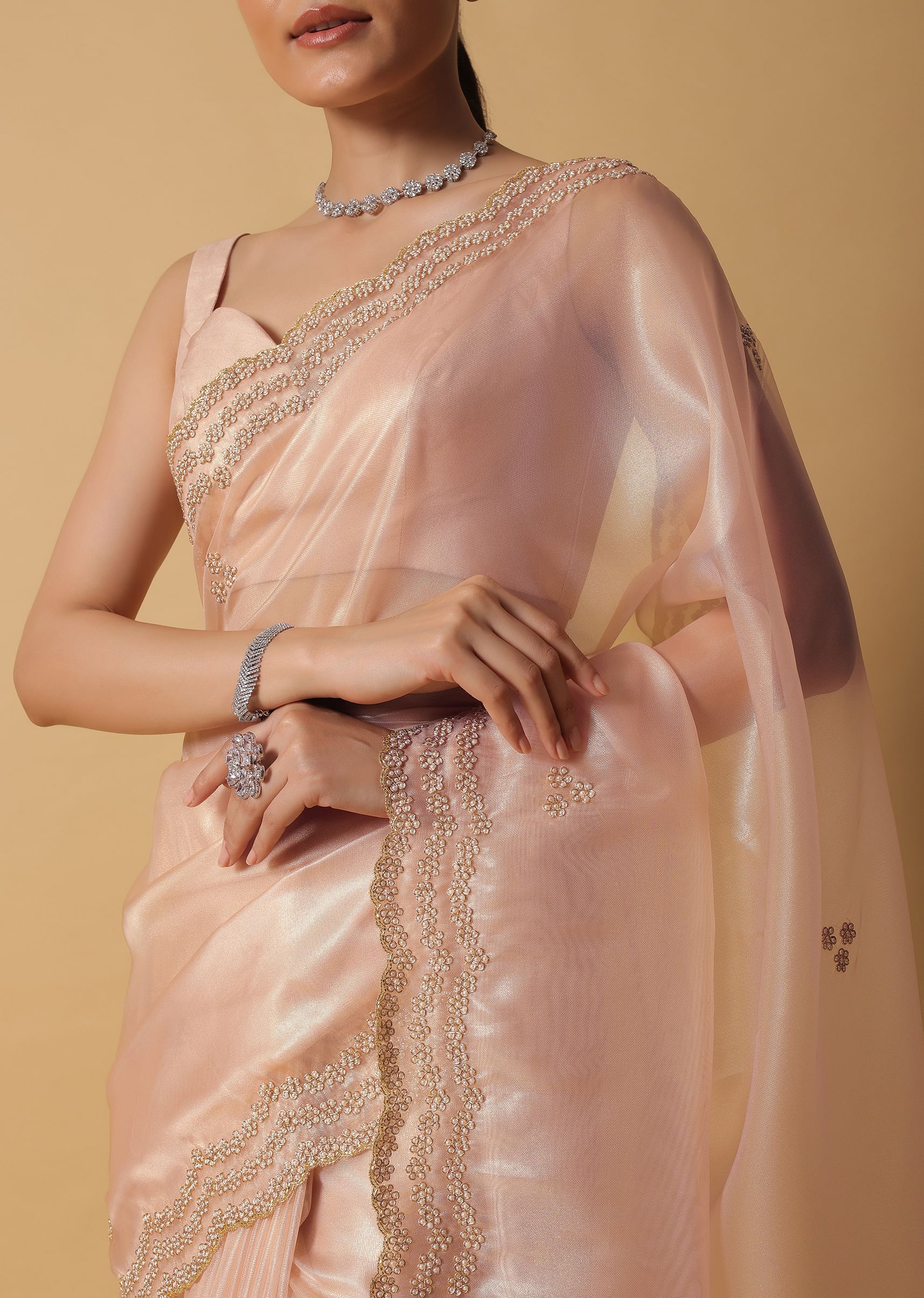 Buy Rose Gold Toned Foil Saree In Tissue With Cut Dana Embroidered Borders