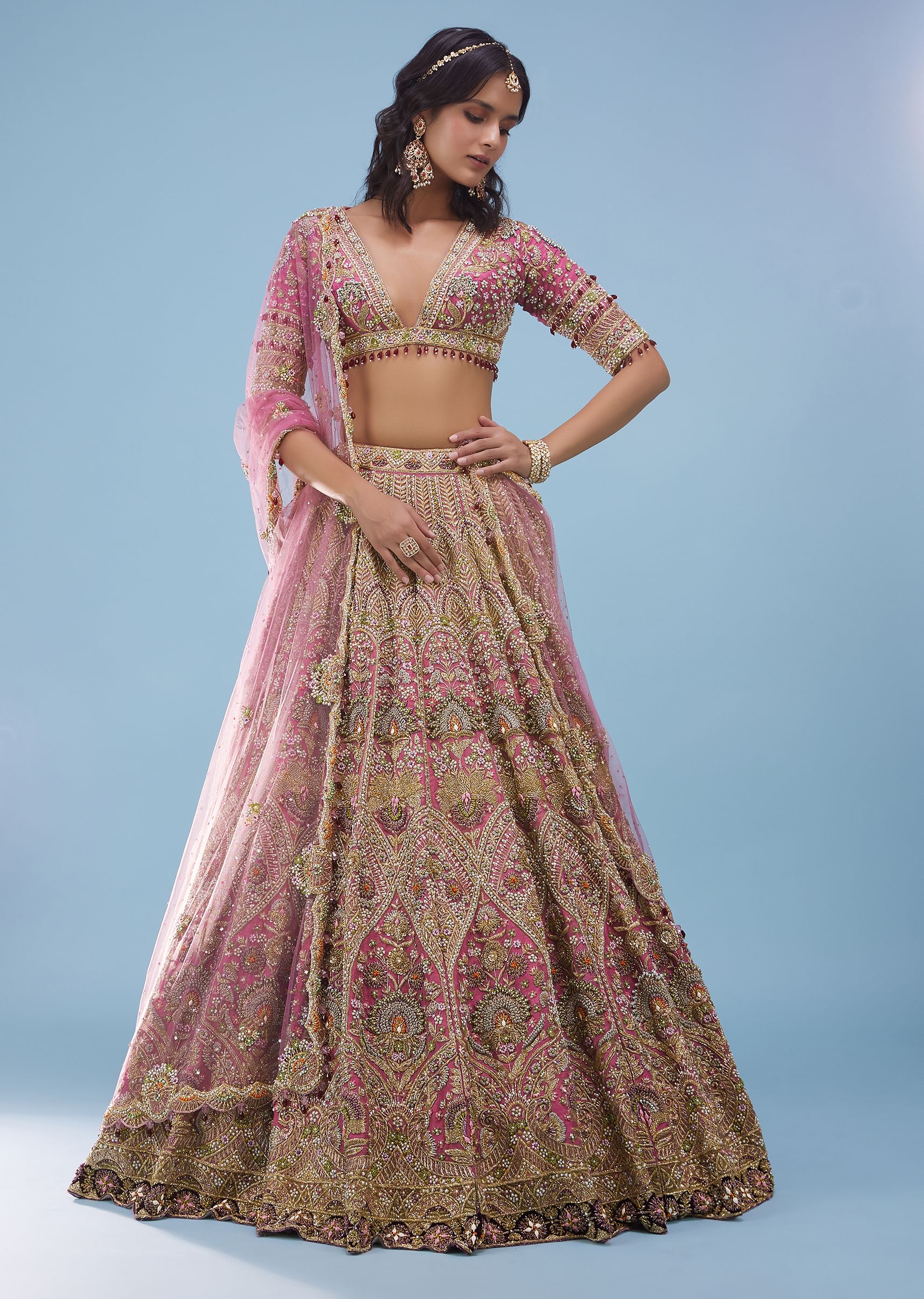 Buy Rose Pink Bridal Lehenga In Raw Silk With Heavy Embroidery NOOR 2022