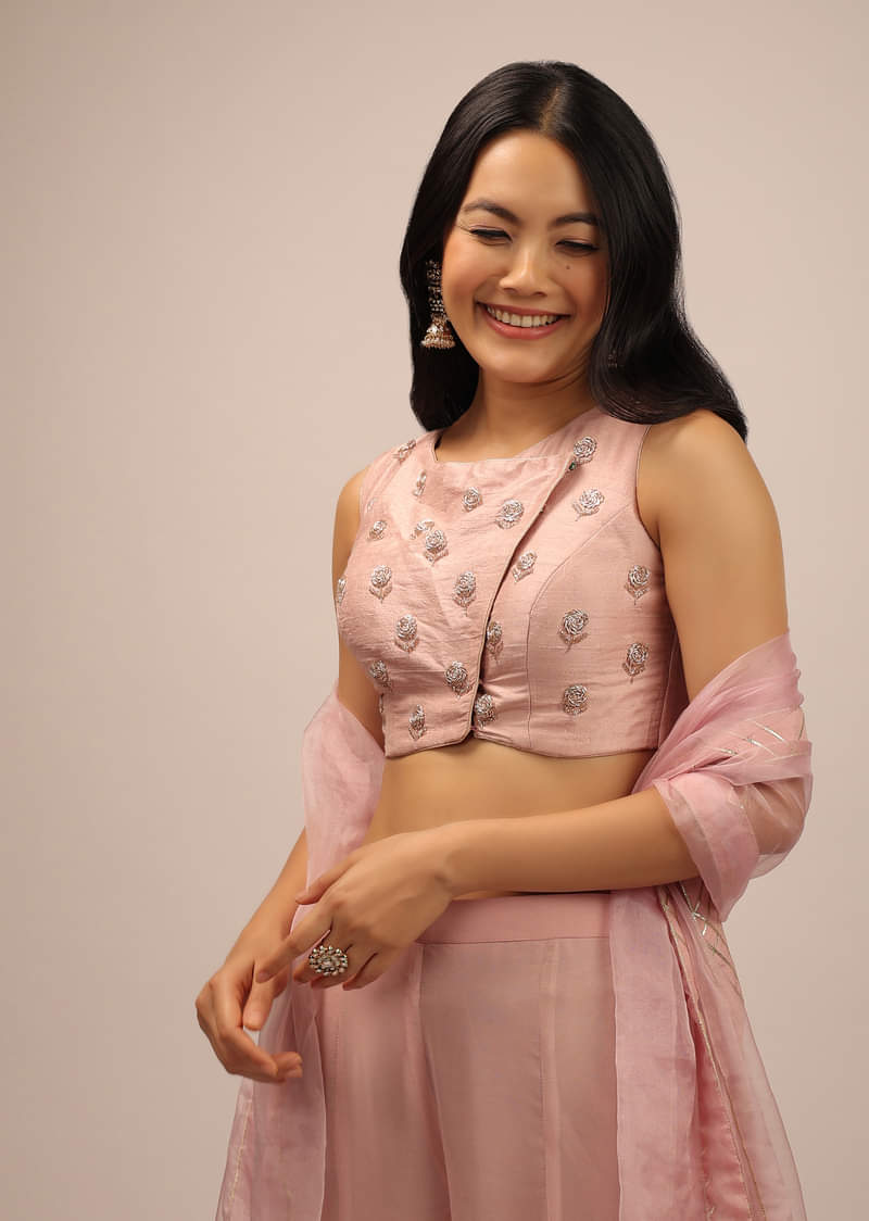 Rose Pink Padded Blouse With Overlapping Design Adorned In zardosi Work In Floral Pattern 