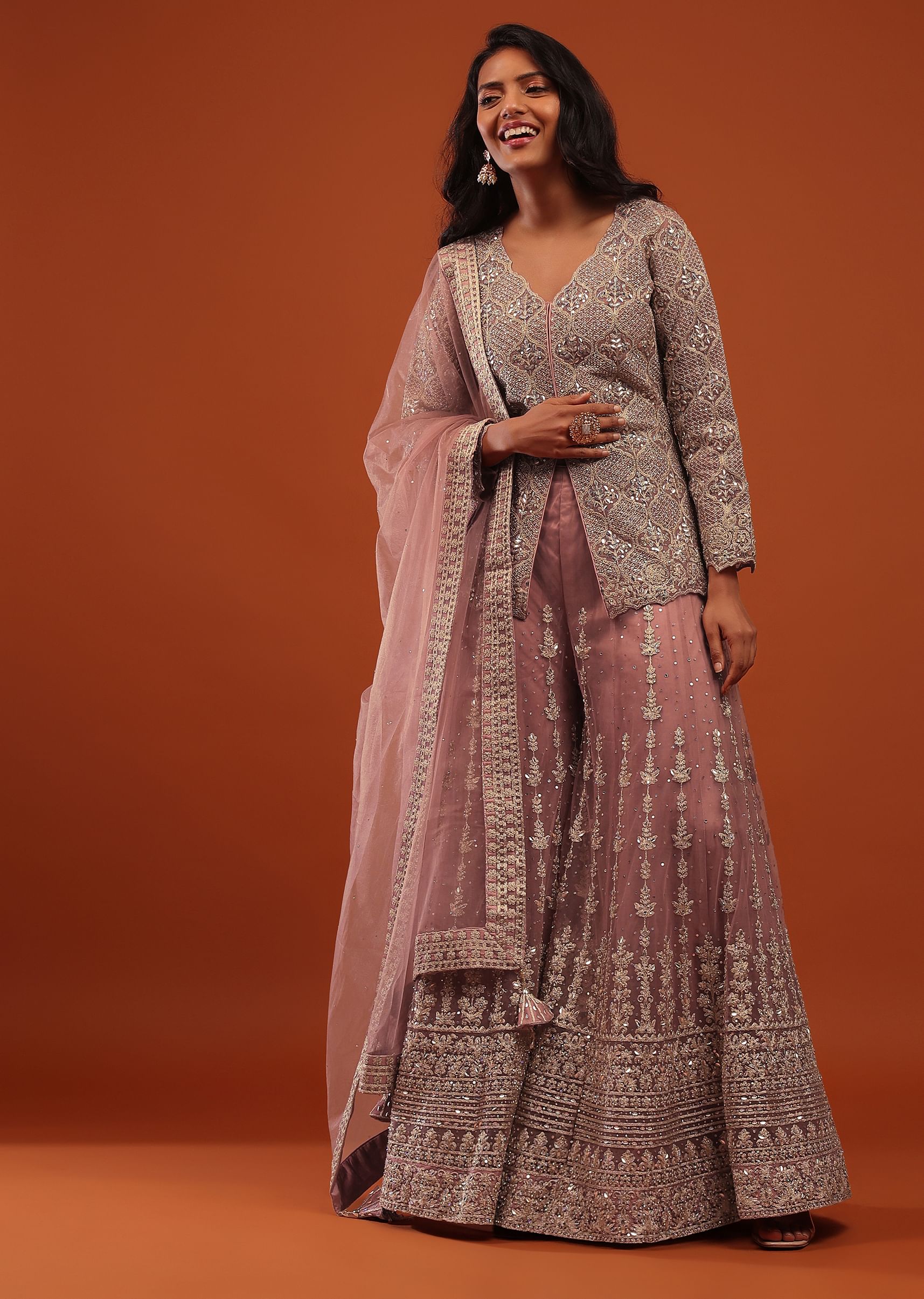 Buy Rose Tan Pink Embroidered Sharara Suit In Net