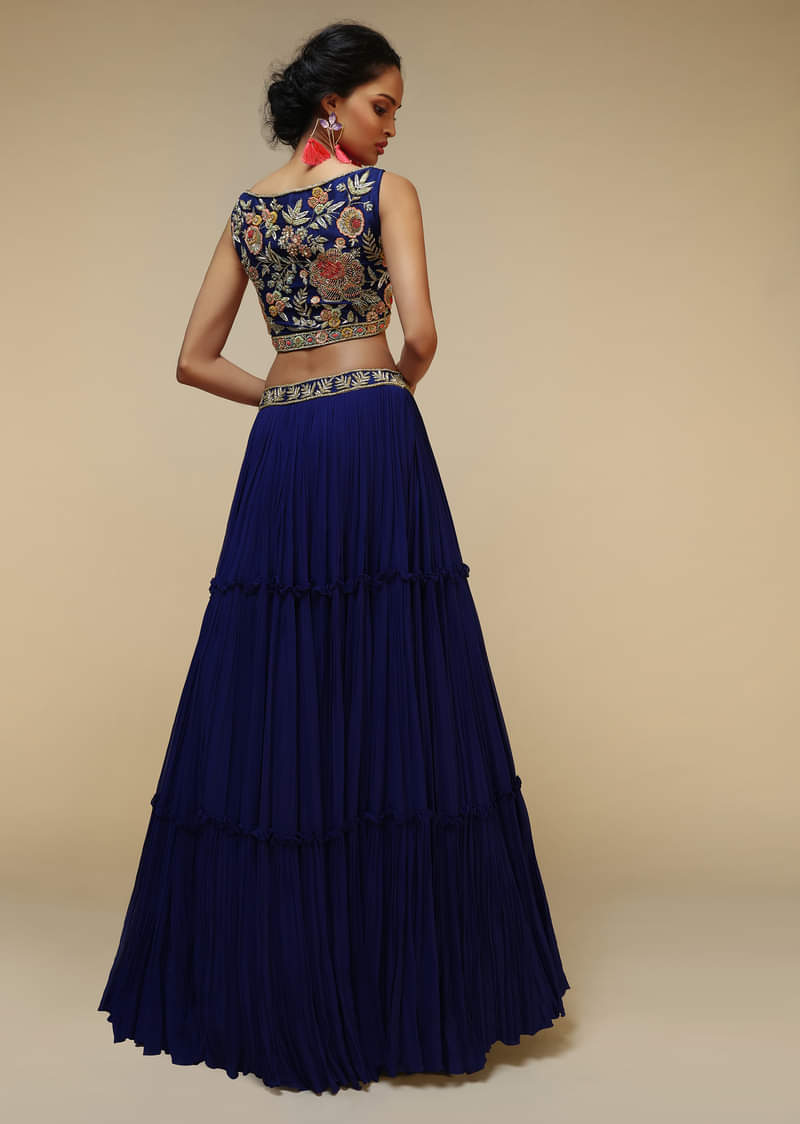 Royal Blue Lehenga Choli With Plunging Neckline And Hand Embroidered Using Multi Colored Beads And Resham 