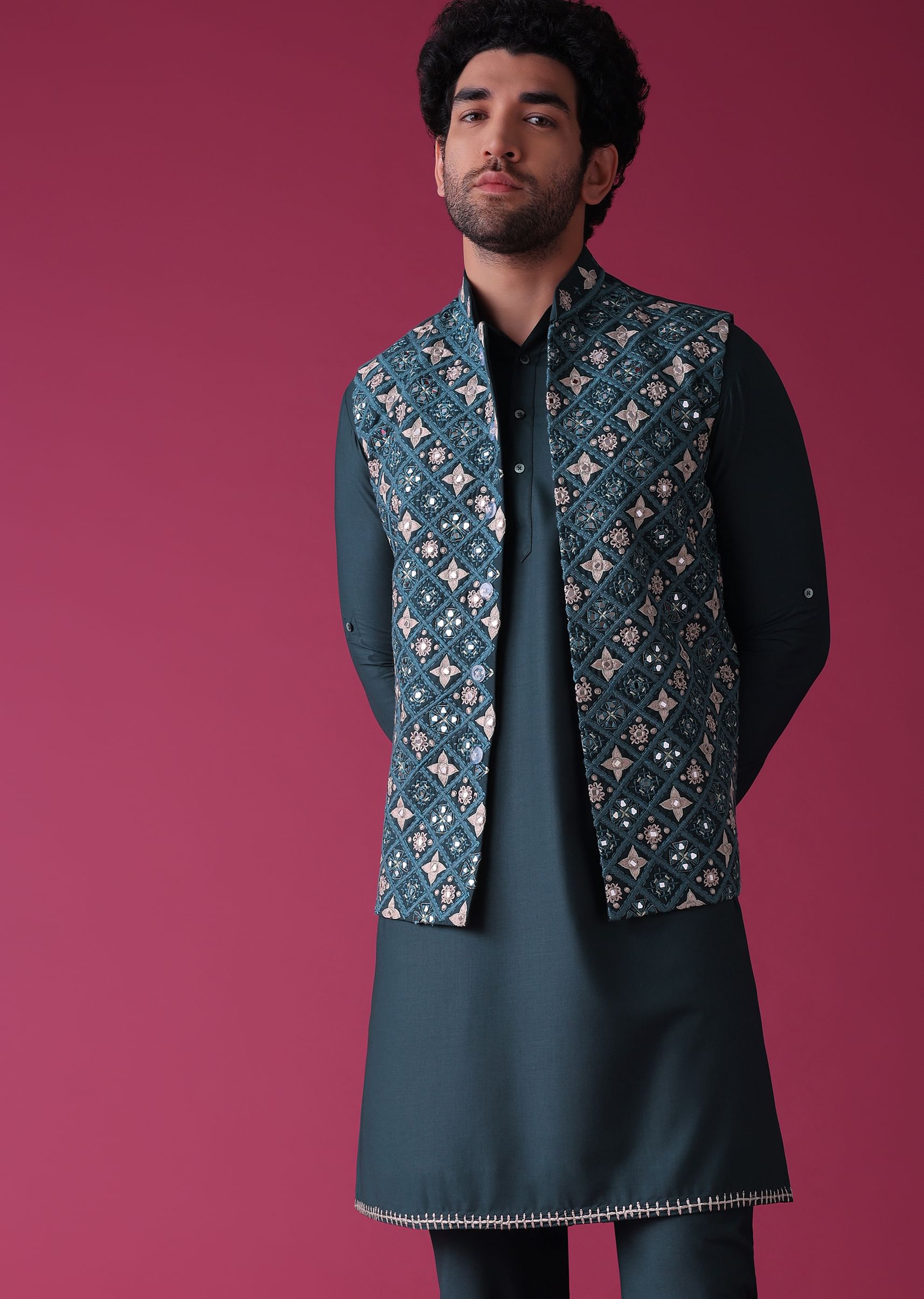 Buy Peacock Blue Jacket Kurta Set In Terry Rayon With Threadwork Pattern KALKI Fashion Global