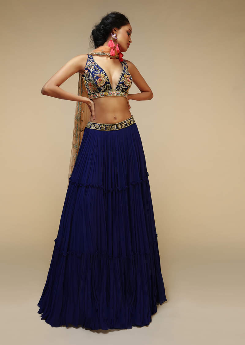 Royal Blue Lehenga Choli With Plunging Neckline And Hand Embroidered Using Multi Colored Beads And Resham 