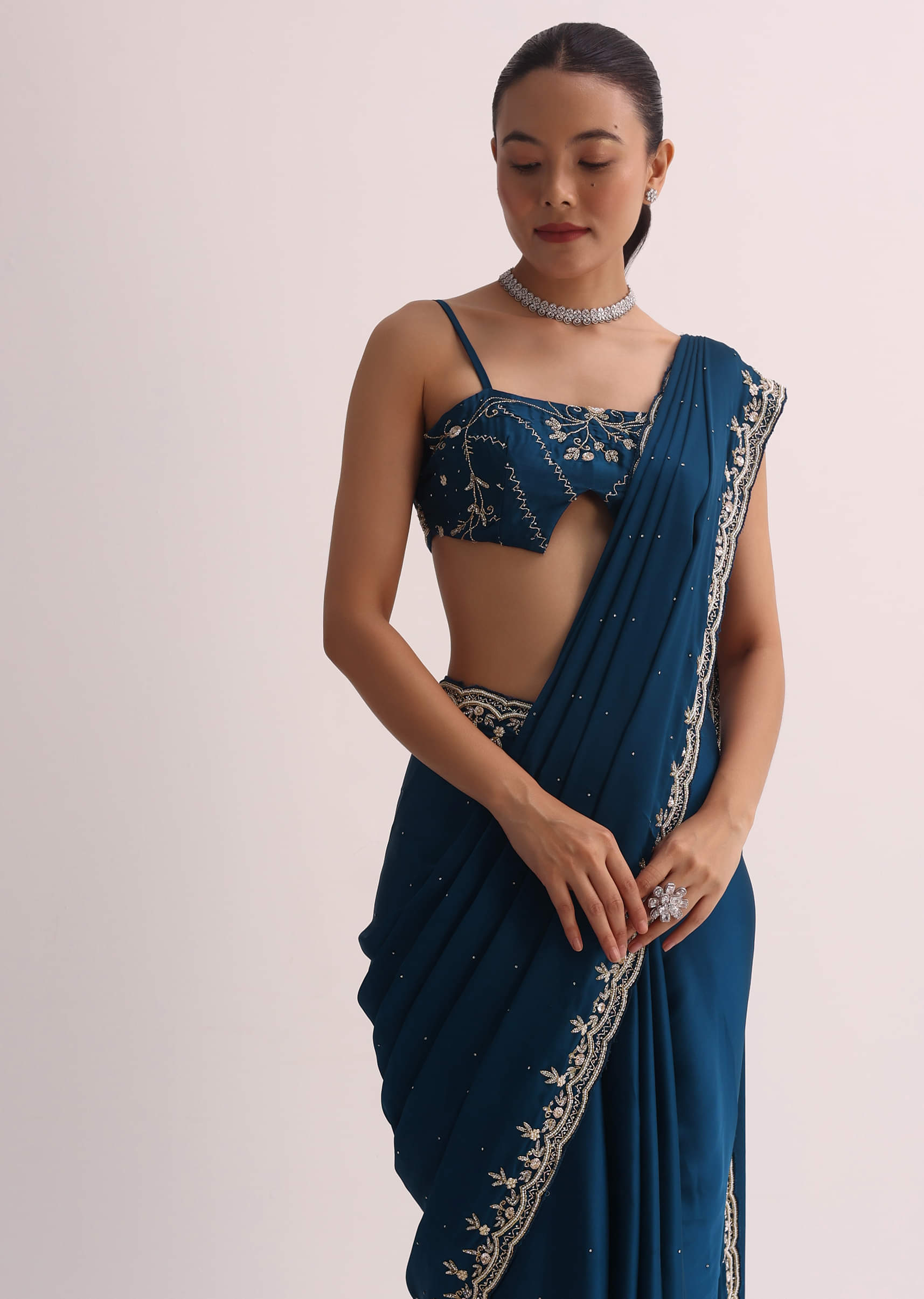 Buy Royal Blue Saree With Embroidered Border And Unstitched