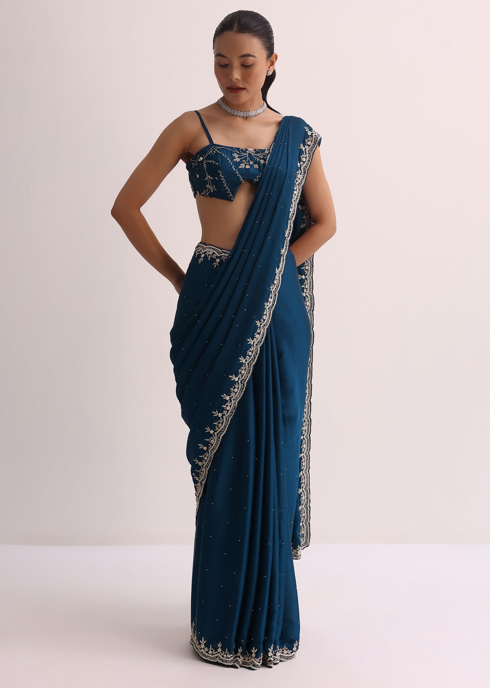 Blue Floral Embroidered Chiffon Saree with Border | KALKI