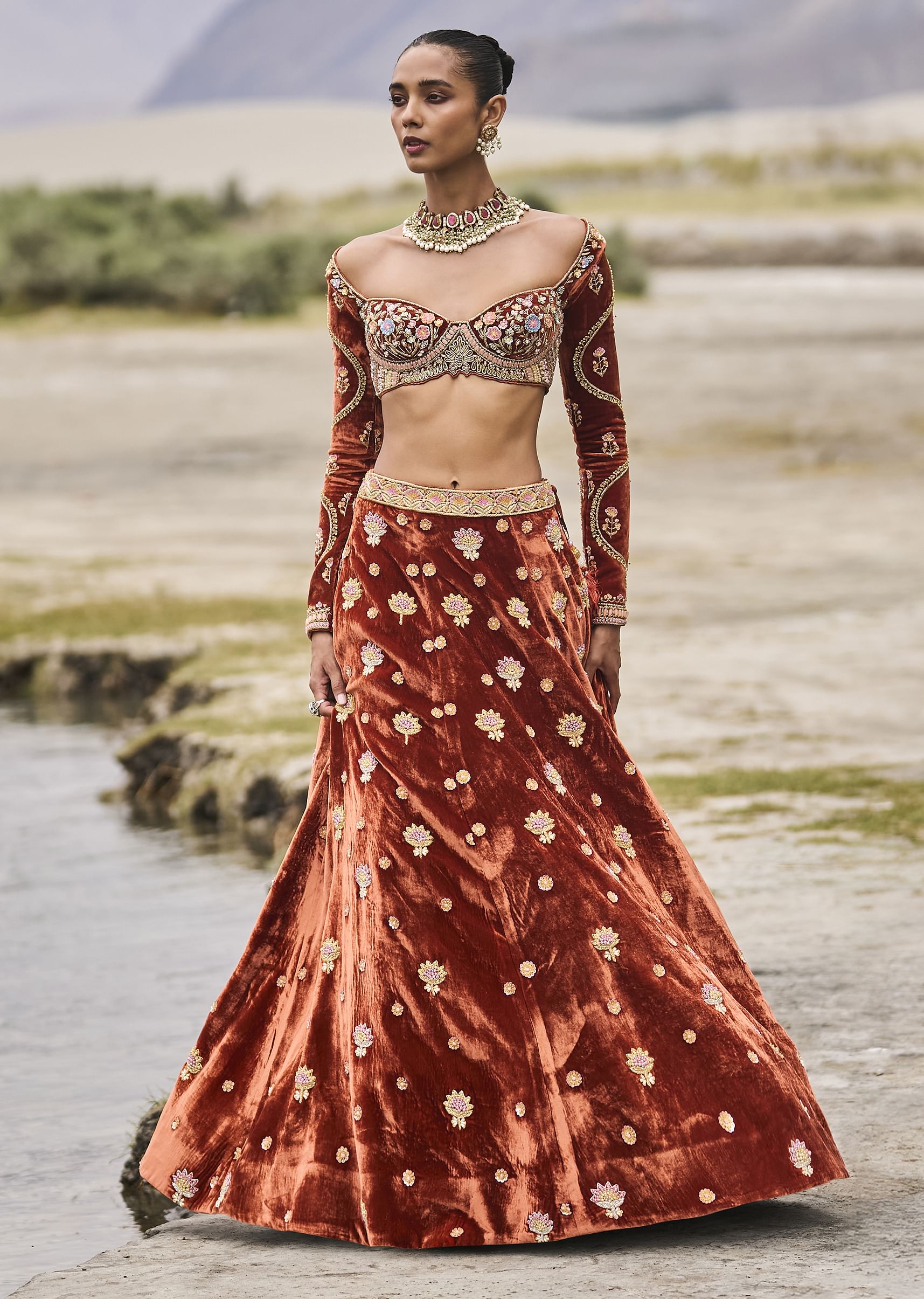 Buy Burnt Orange Multi Embroidered Velvet Lehenga And Printed Organza Dupatta KALKI Fashion Global