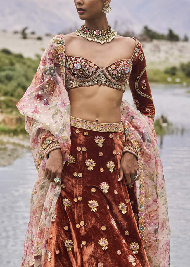 Burnt Orange Multi Embroidered Velvet Lehenga And Printed Organza Dupatta