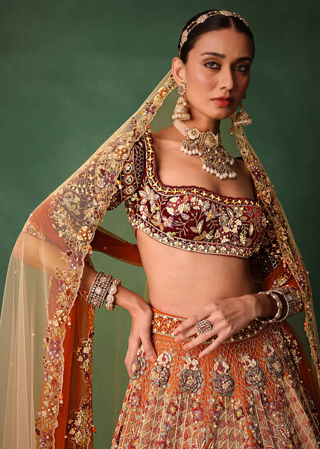 Rust Hand Work Lehenga With Velvet Blouse And Dupatta