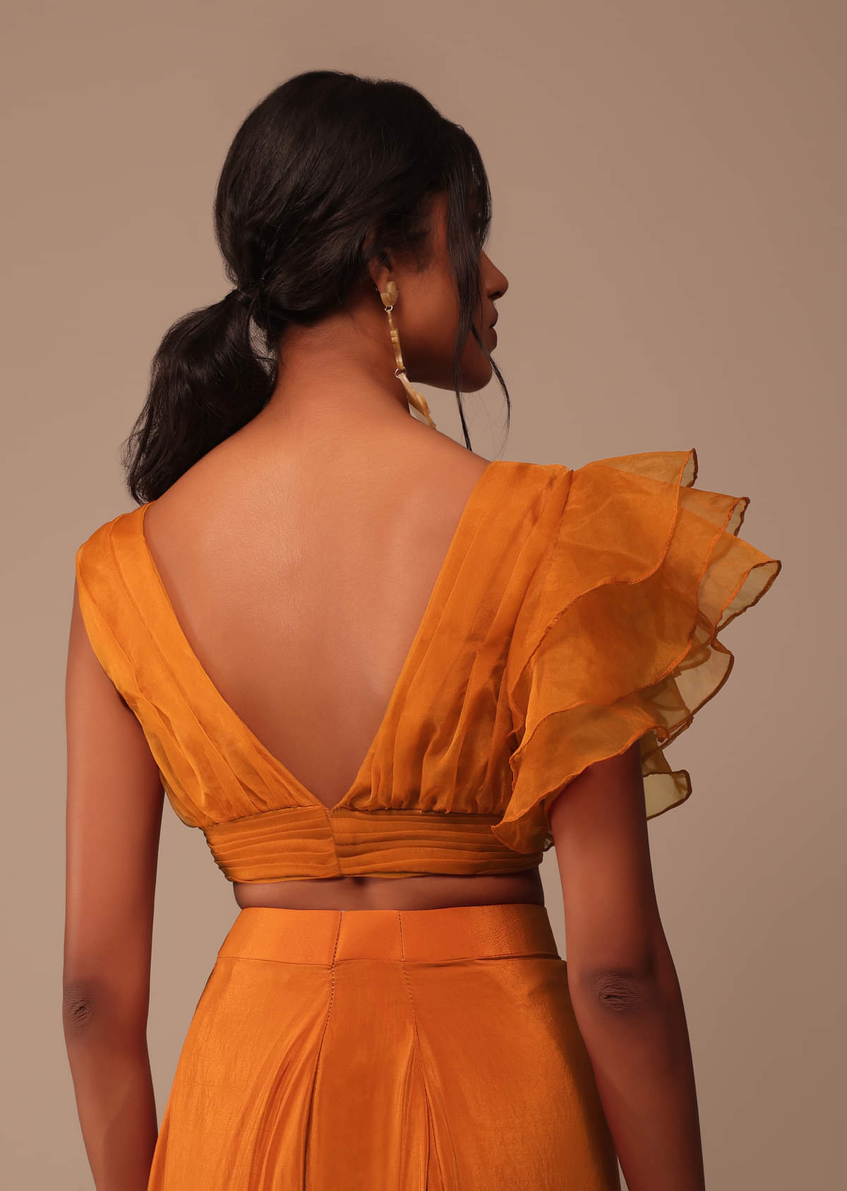 Rust Orange Pre Drape Saree With Fancy Ruffle Blouse And Embroidered Belt