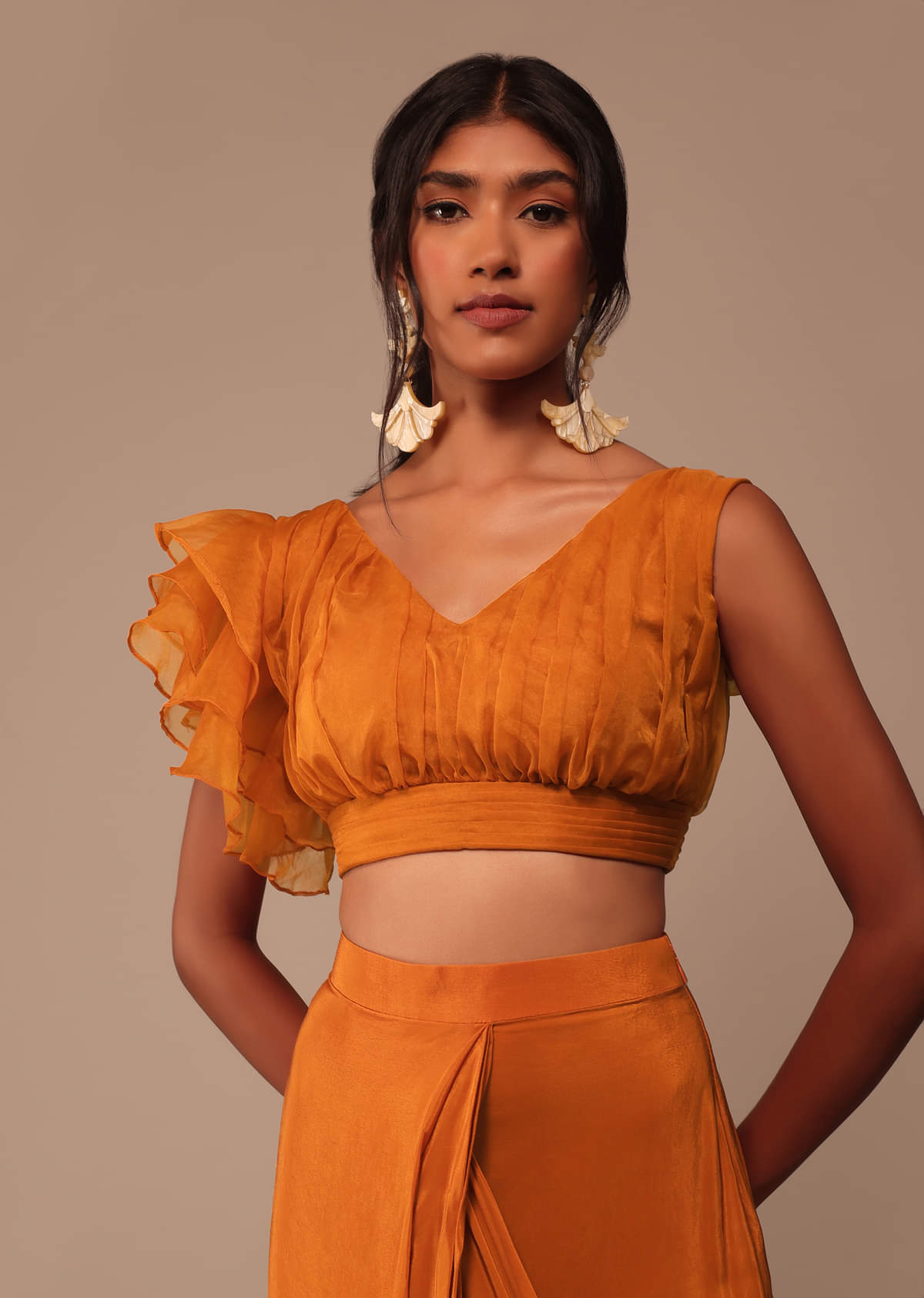 Rust Orange Pre Drape Saree With Fancy Ruffle Blouse And Embroidered Belt
