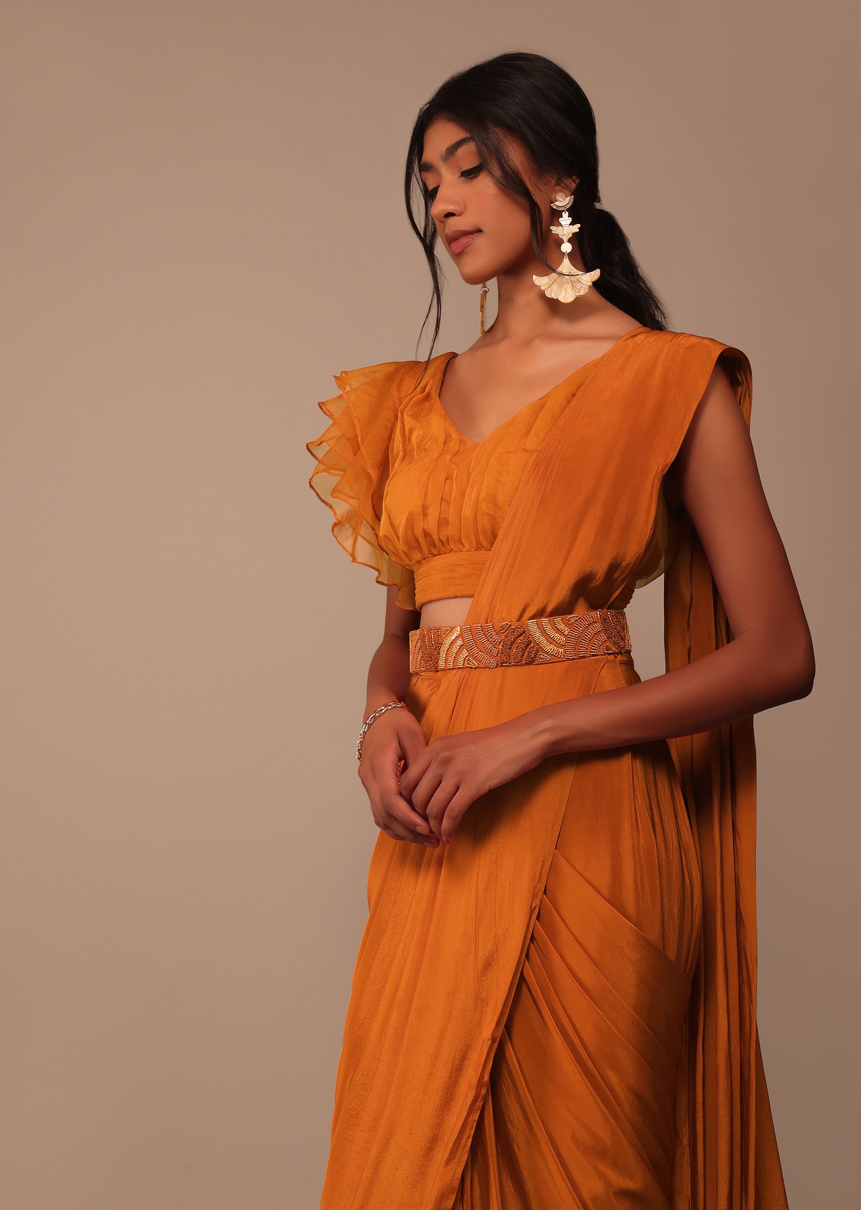 Buy Rust Orange Saree With Fancy Ruffle Blouse And Embroidered Belt