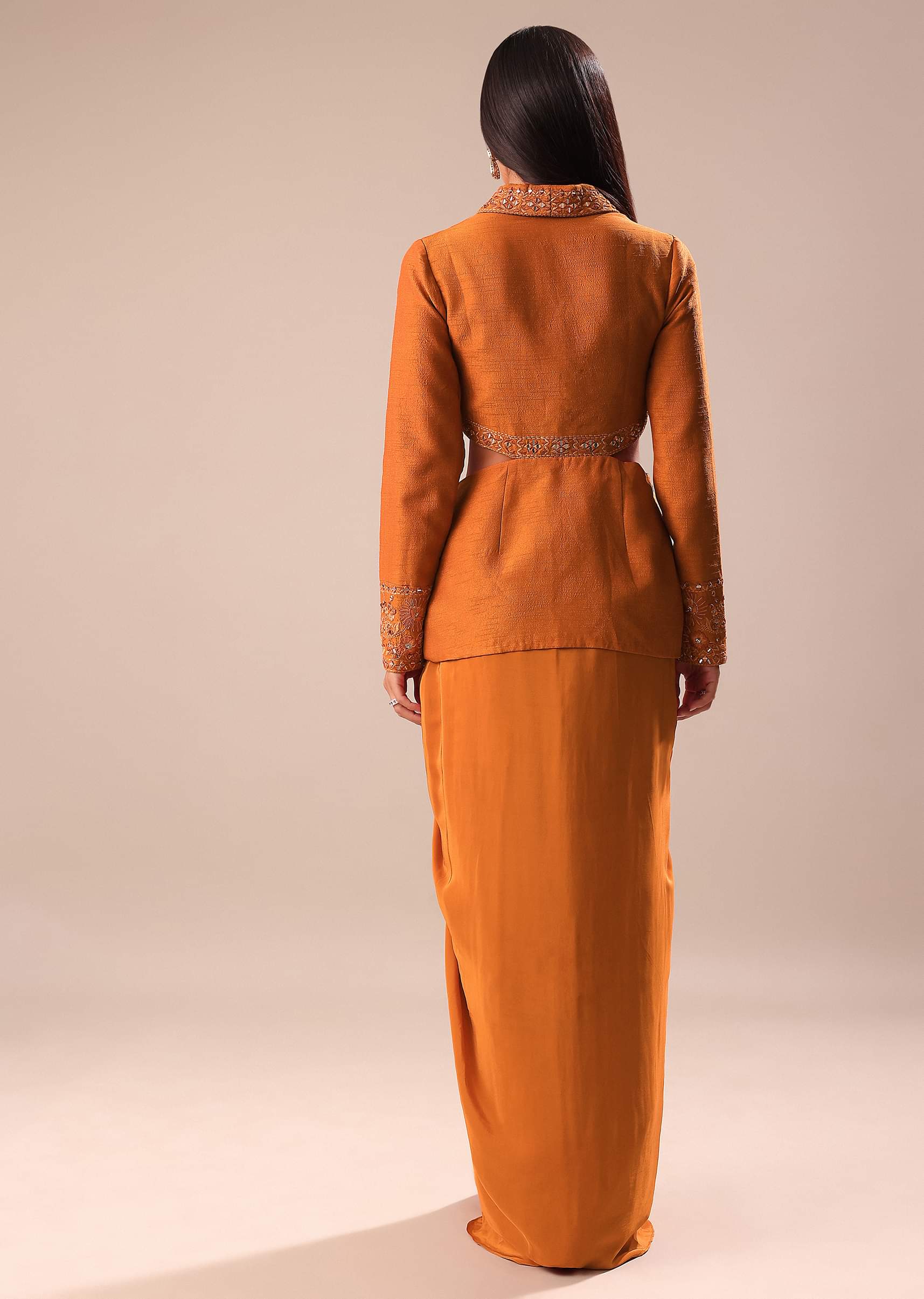 Buy Rust Organze Jacket With Bustier And Draped Skirt | KALKI Fashion India