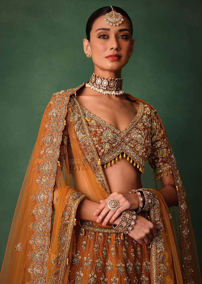 Rust Raw Silk Zardosi Embroidered Bridal Lehenga With Dupatta