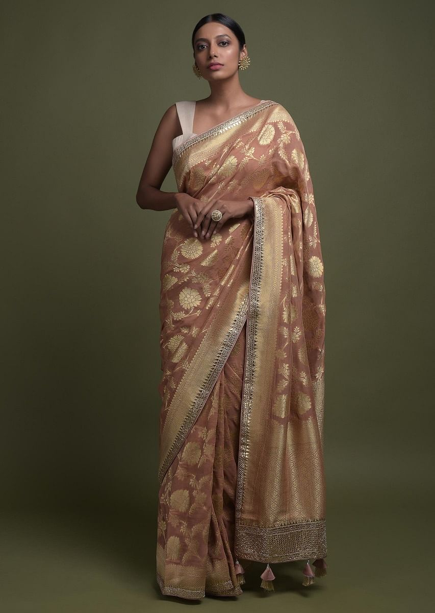 Buy Rusty Brown Saree In Georgette With Weaved Floral Jaal And Gotta Work On The Border KALKI Fashion India