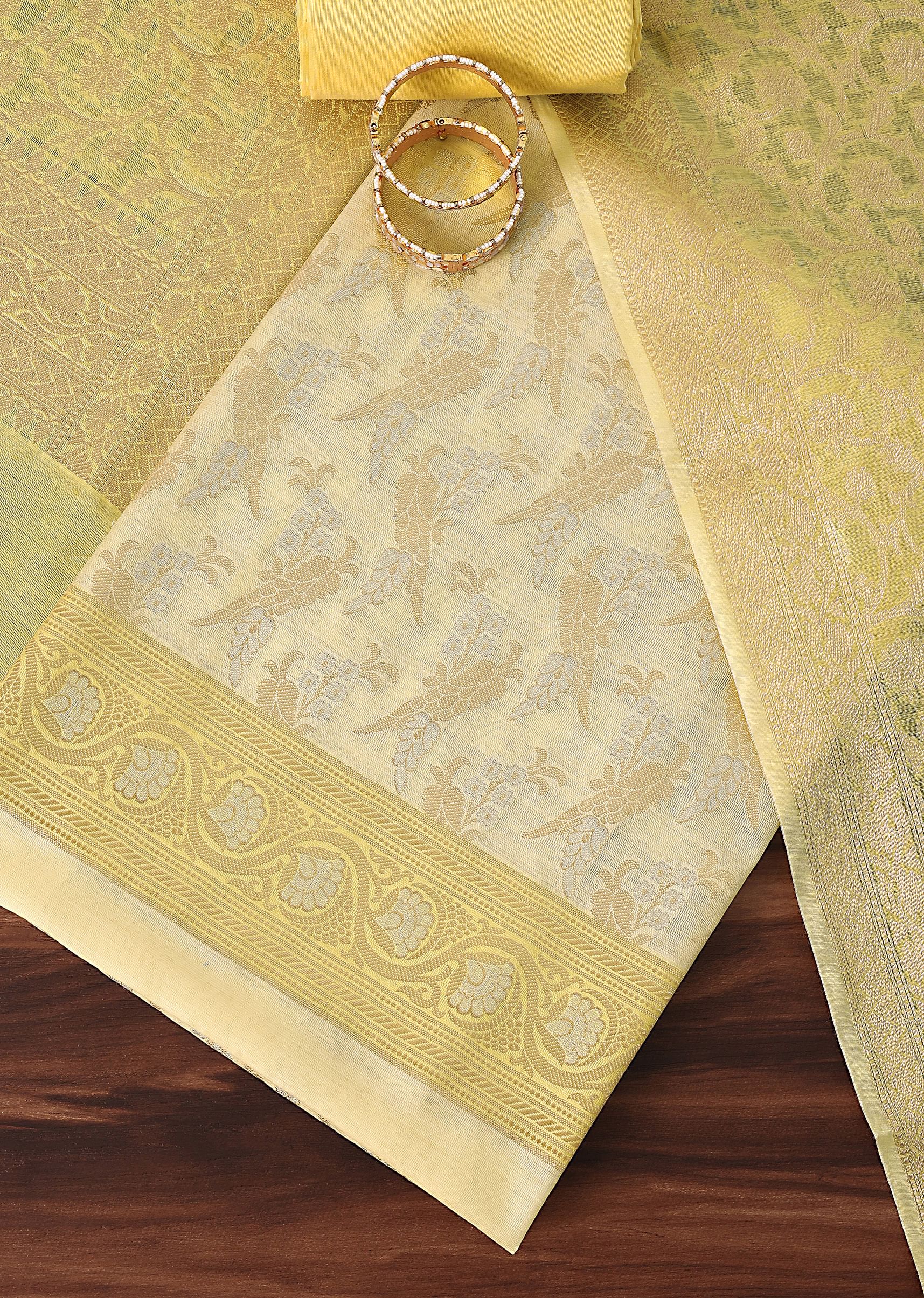 Buy Saffron Serenity Silk Woven Banarasi Dress Material Suit Set in Yellow and Light Yellow Online in India