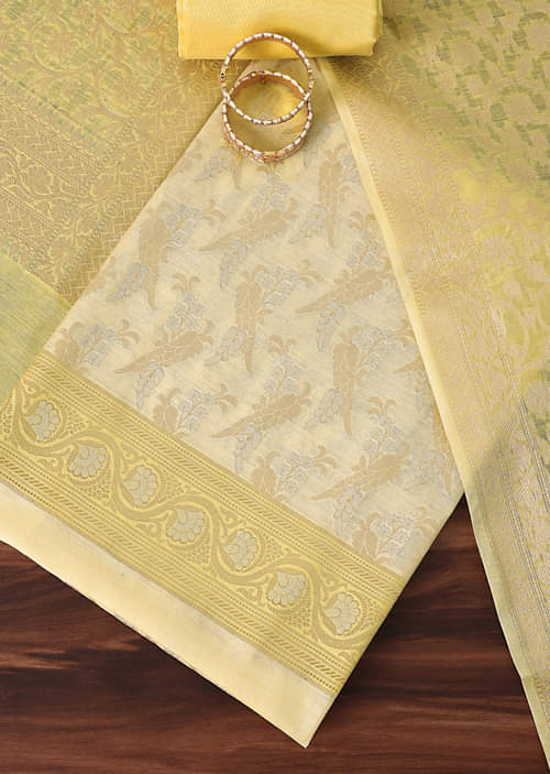 Buy Saffron Serenity Silk Woven Banarasi Dress Material Suit Set 