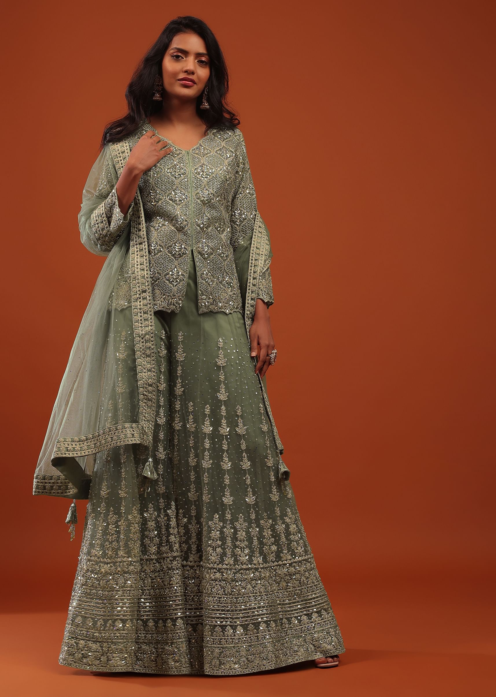 Buy Sage Green Embroidered Sharara Suit In Net