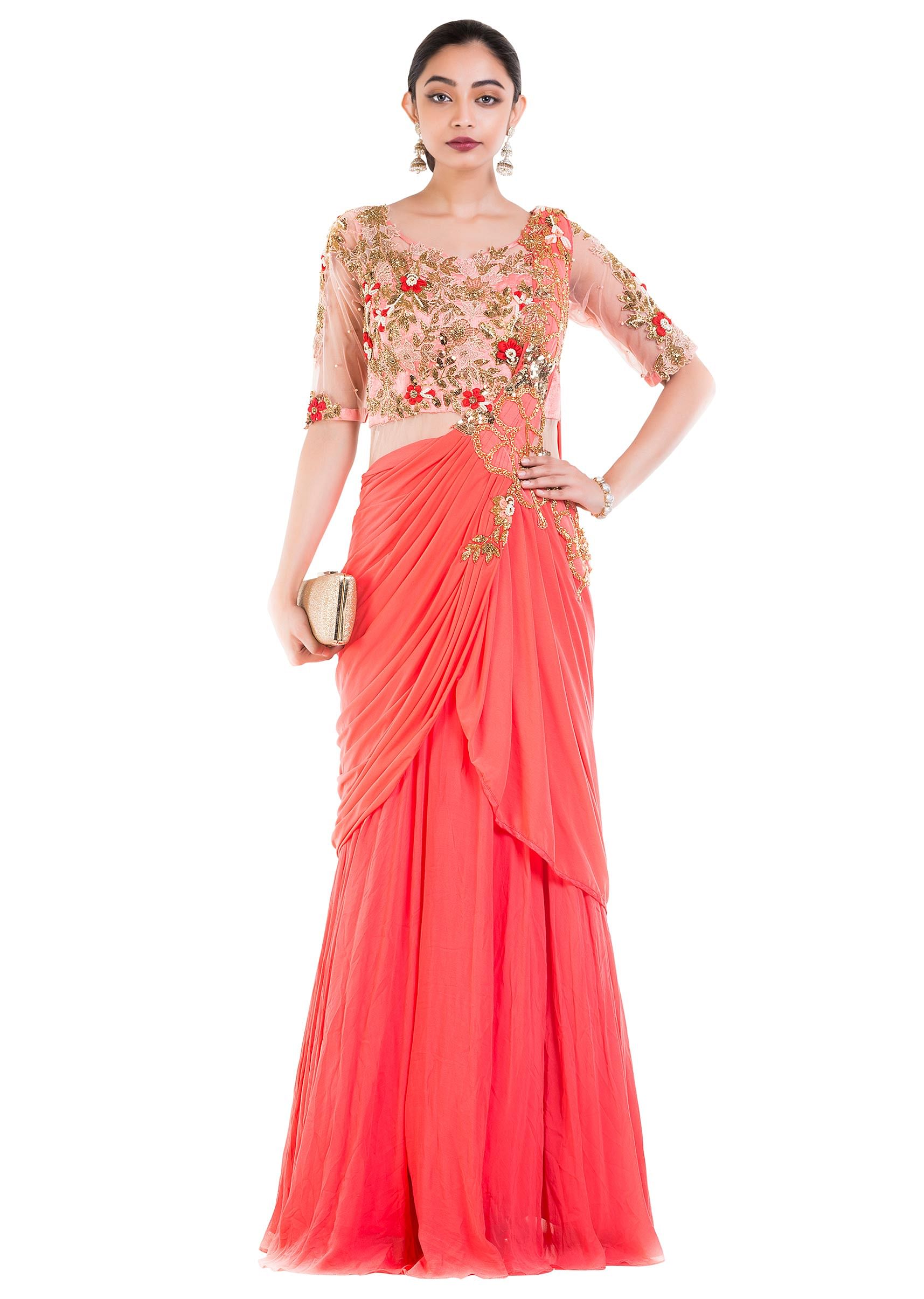 Salmon Peach Gown Saree KALKI Fashion Global