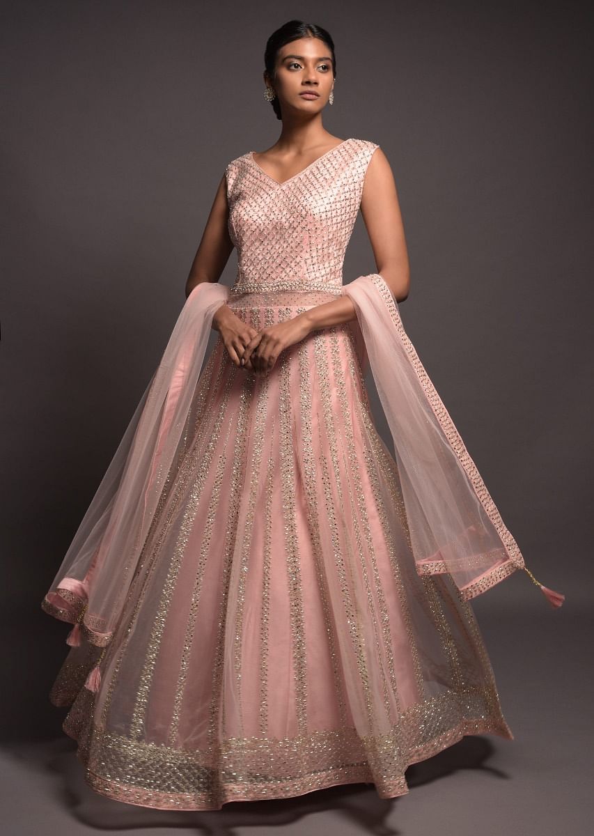 Buy Salmon Pink Anarkali Suit In Net Embellished With Zari And Kundan Work KALKI Fashion India
