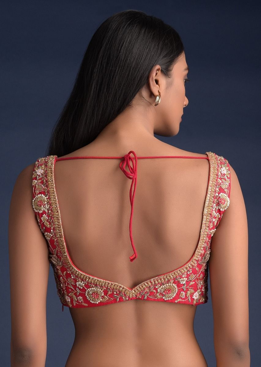 Buy Scarlet Red Sleeveless Blouse In Raw Silk With Floral Jaal And  Intricate Cut Dana Work| KALKI Fashion Global