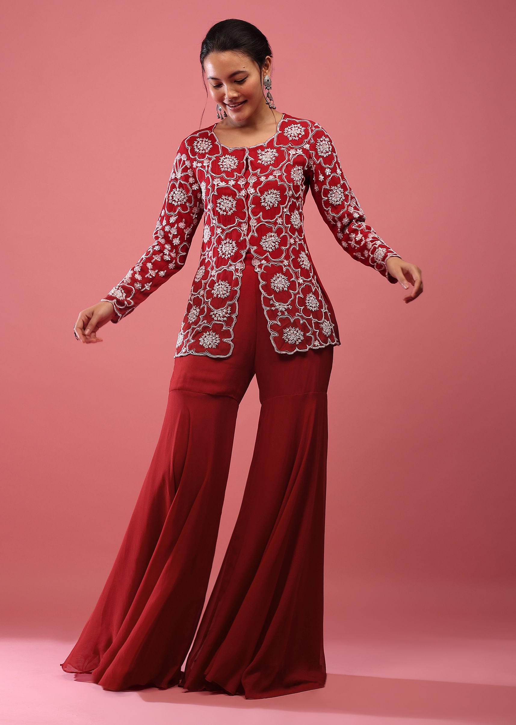 Buy Scarlet Red Georgette Sharara Suit with Embroidered Top Flowy Pants