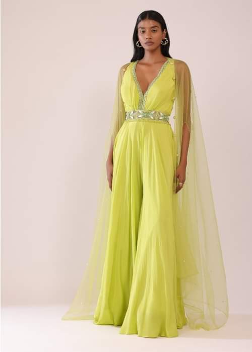 Buy Sheen Green Crepe Jumpsuit And Net Shrug With A Crystal Bead