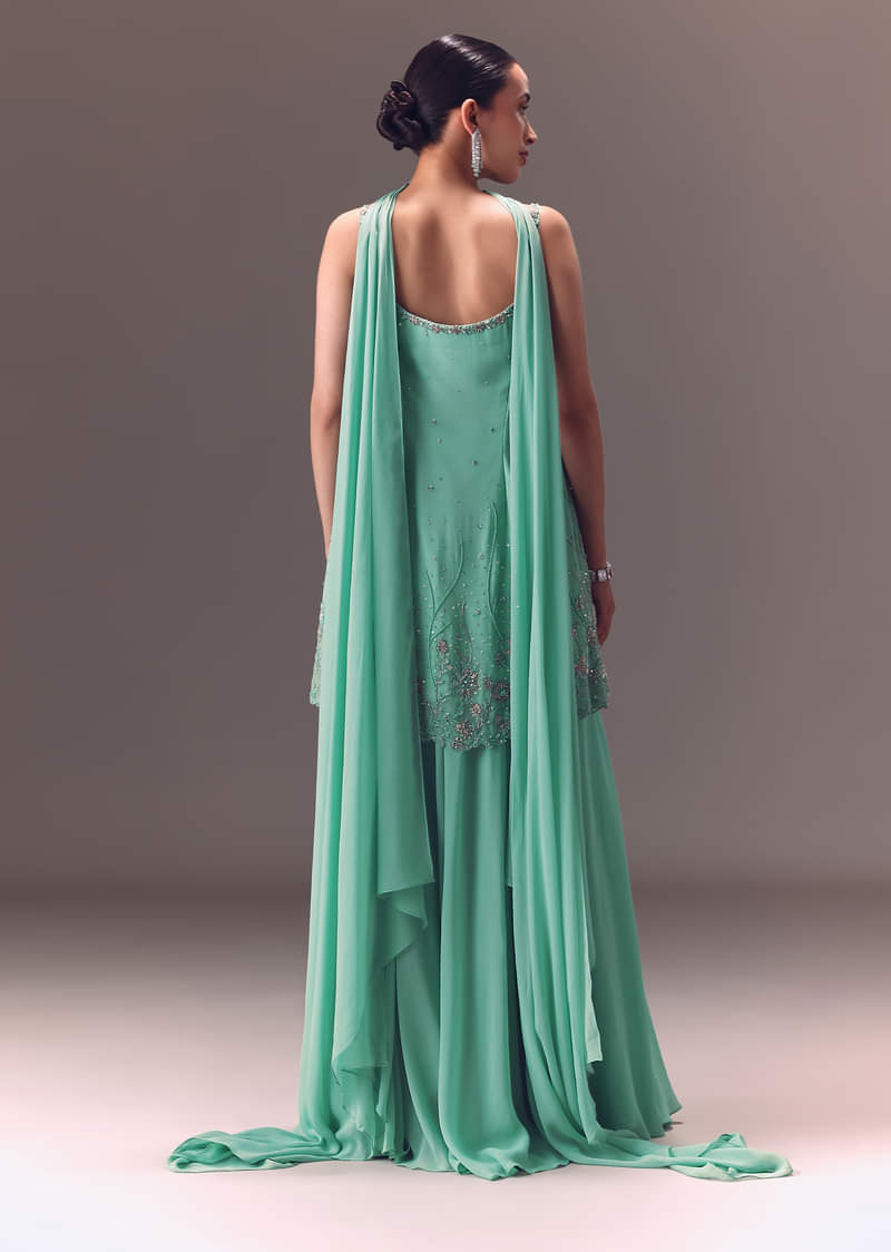 Sea Green Kurta Sharara Set With Choker Dupatta