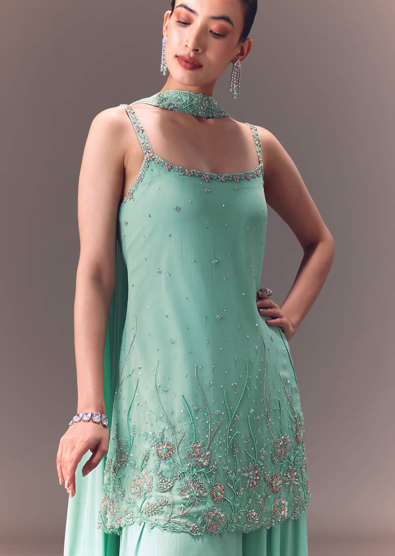 Sea Green Kurta Sharara Set With Choker Dupatta