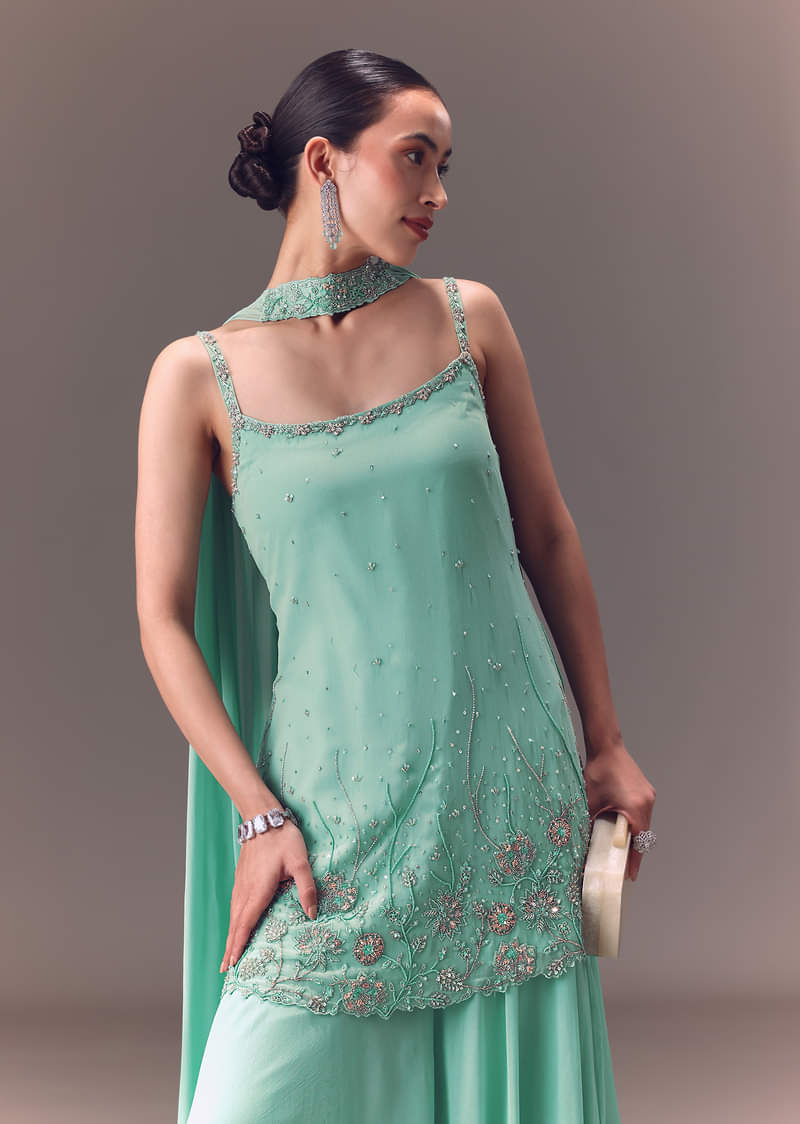 Sea Green Kurta Sharara Set With Choker Dupatta