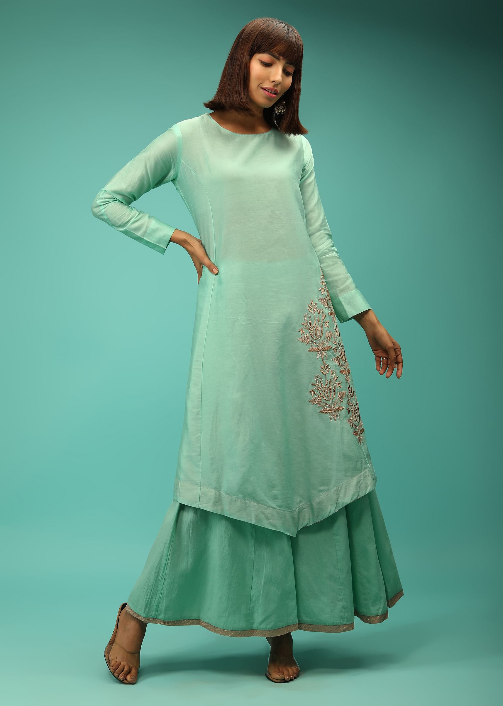 Buy Seafoam Green A Line Kurti And Palazzo Suit With Symmetric Hem And Zari Embroidered Patchwork KALKI Fashion India