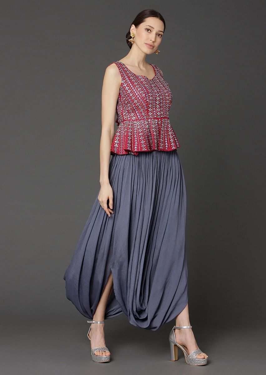 Buy Seal Grey Skirt With Cowl Drape And Maroon Peplum Top KALKI Fashion India