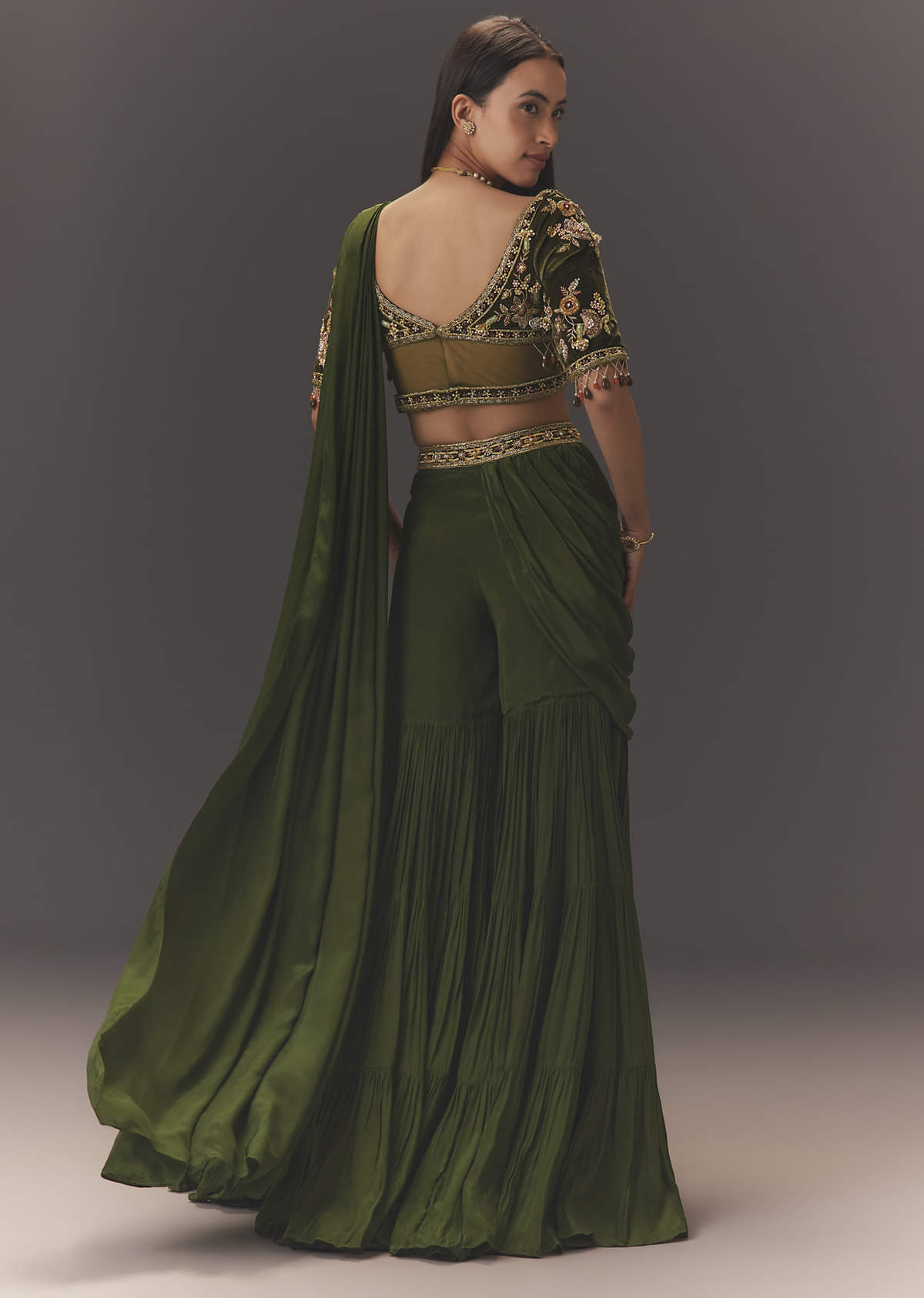 Seaweed Green Hand Embroidered Drape Pallu Style Sharara Set